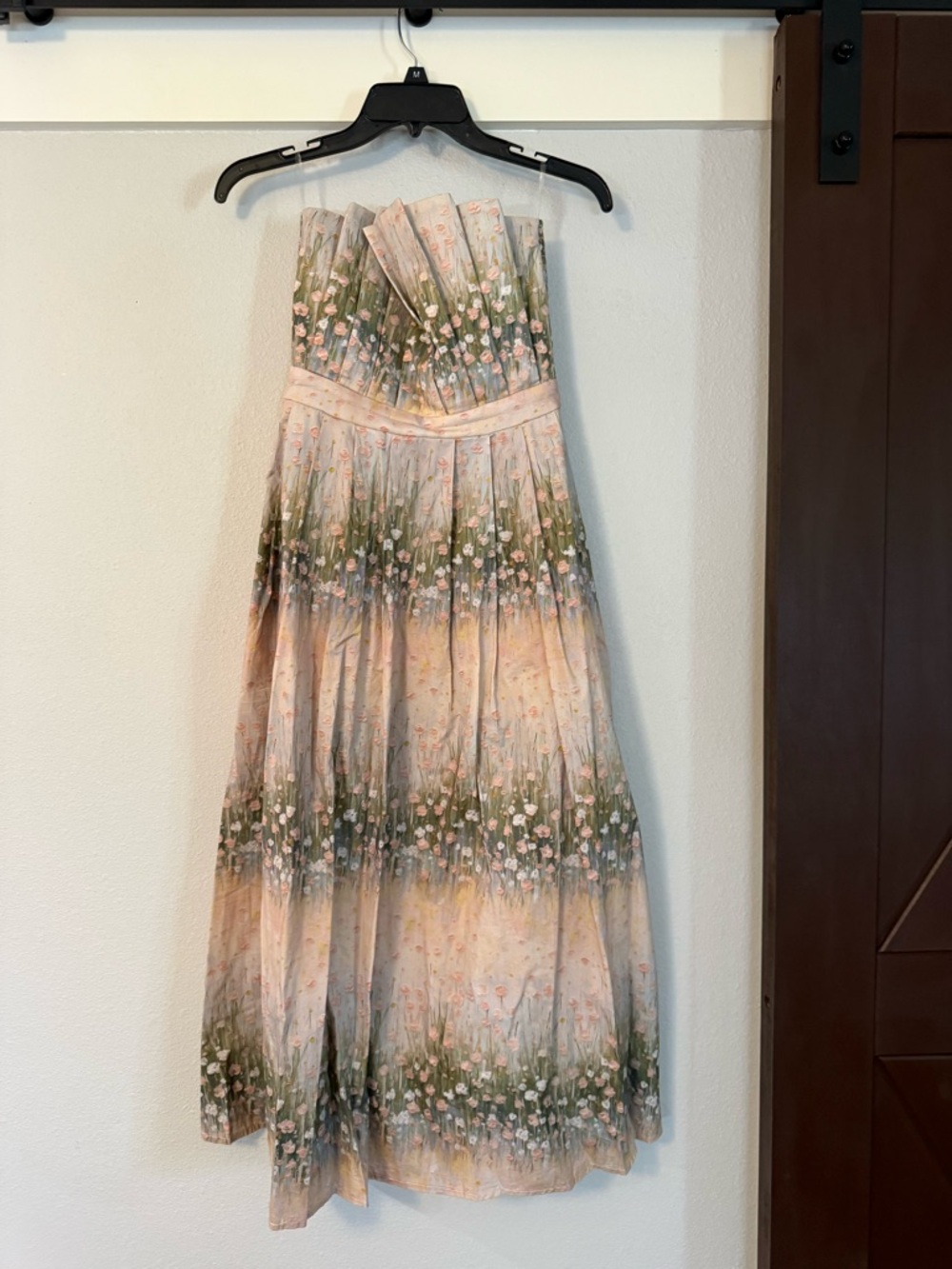 entro Strapless Floral Midi Dress in Blush and Green Meadow Print